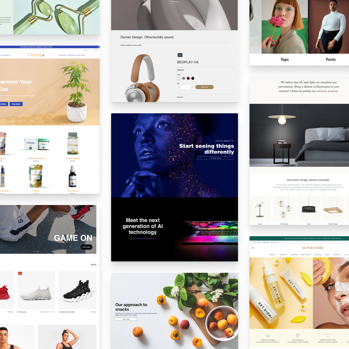 Collage of Out of the Sandbox Shopify themes, including Turbo, Flex, Superstore, and Retina.
