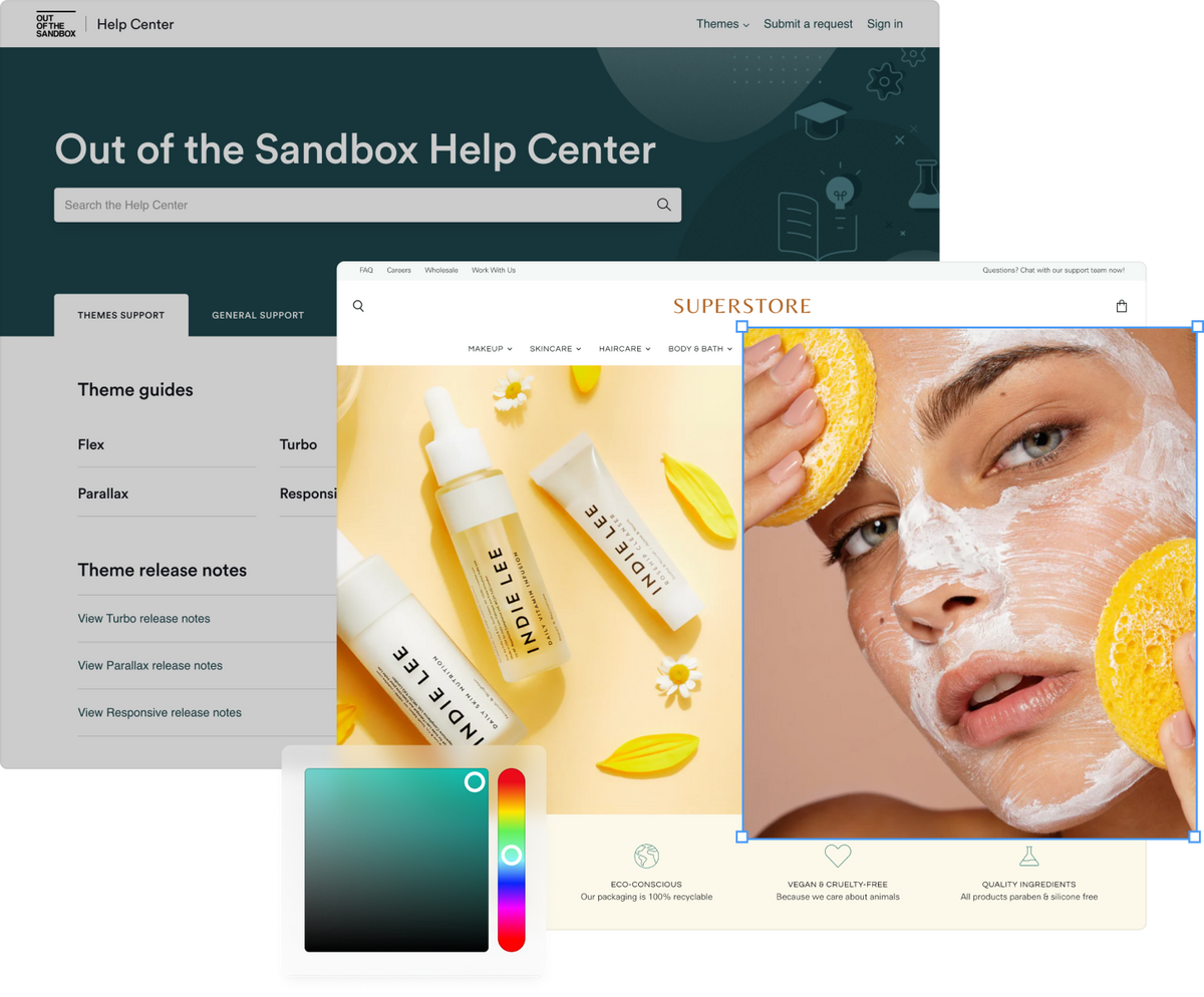 Screenshot of the Out of the Sandbox help center behind a screenshot of the Superstore Shopify theme with colour picker choosing teal and image being resized.