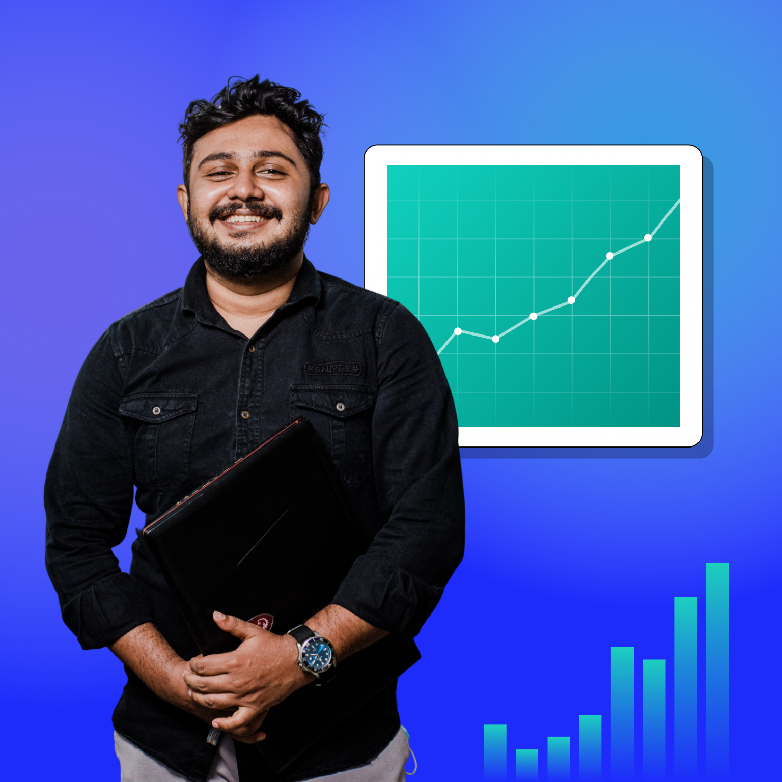 happy individual standing beside graphs showing upward trends