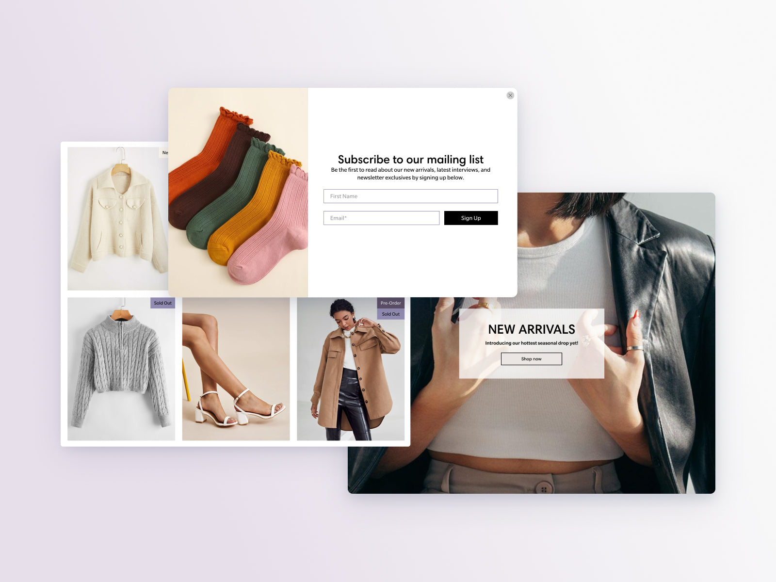 Screenshot of Flex Shopify theme by Out of the Sandbox. Screenshot includes a collage of 3 images. Left: Product grid of white jacket, grey sweater, white heels, and brown jacket. Center: Newsletter popup signup form with image of 4 multi-colored socks. Right: Woman wearing leather jacket and white tank top with "New Arrivals" text.