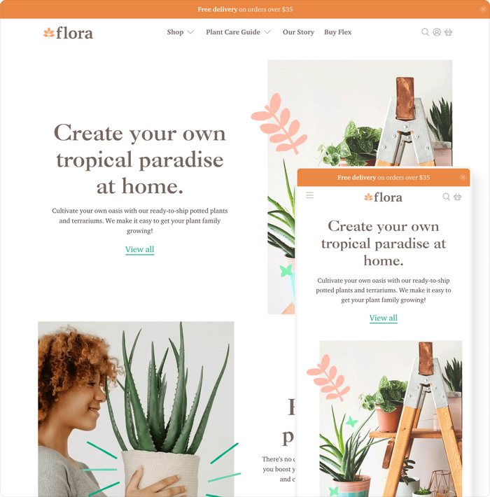 flex shopify theme flora theme style home page shown desktop and mobile devices