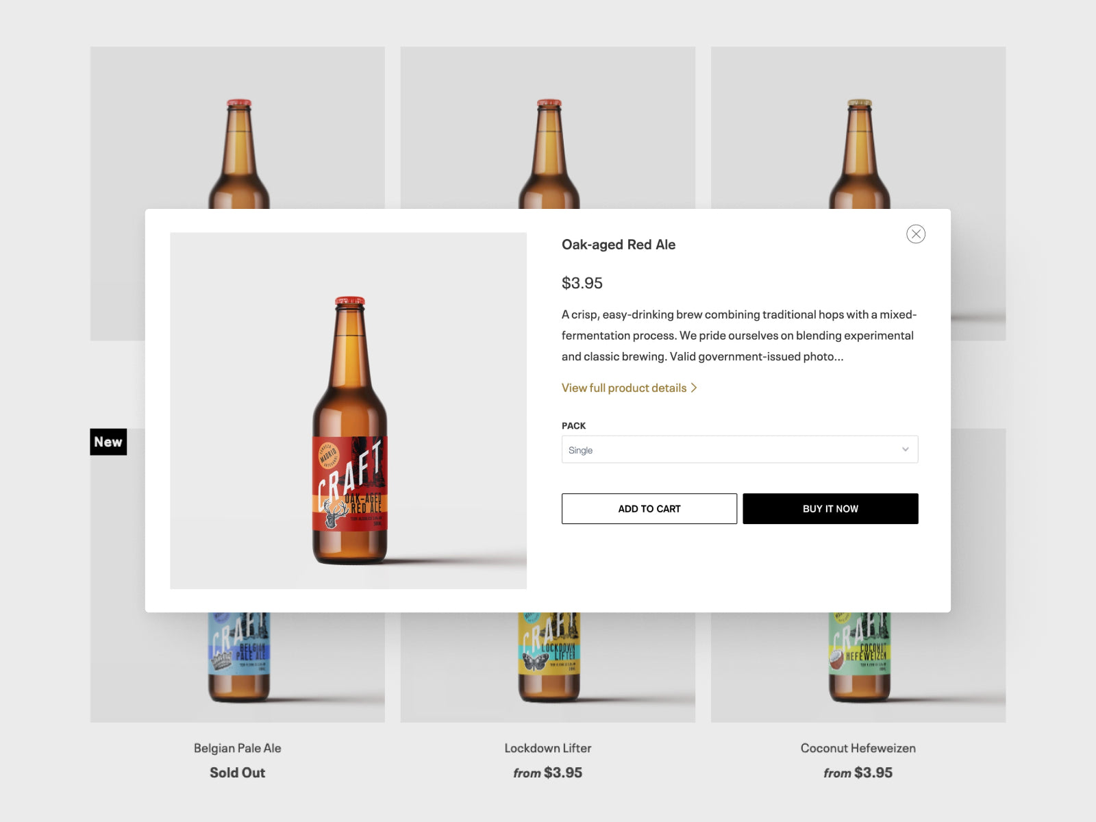 quick shop modal window with beer product image title and description