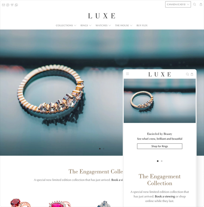 flex shopify theme luxe theme style home page shown desktop and mobile devices