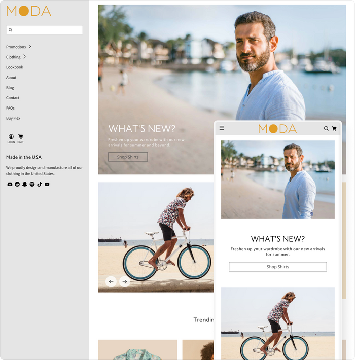 flex shopify theme moda theme style with sidebar layout show in desktop and mobile devices