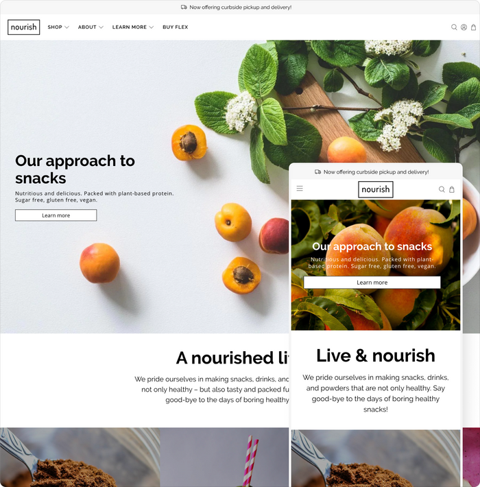 flex shopify theme nourish theme style home page shown desktop and mobile devices