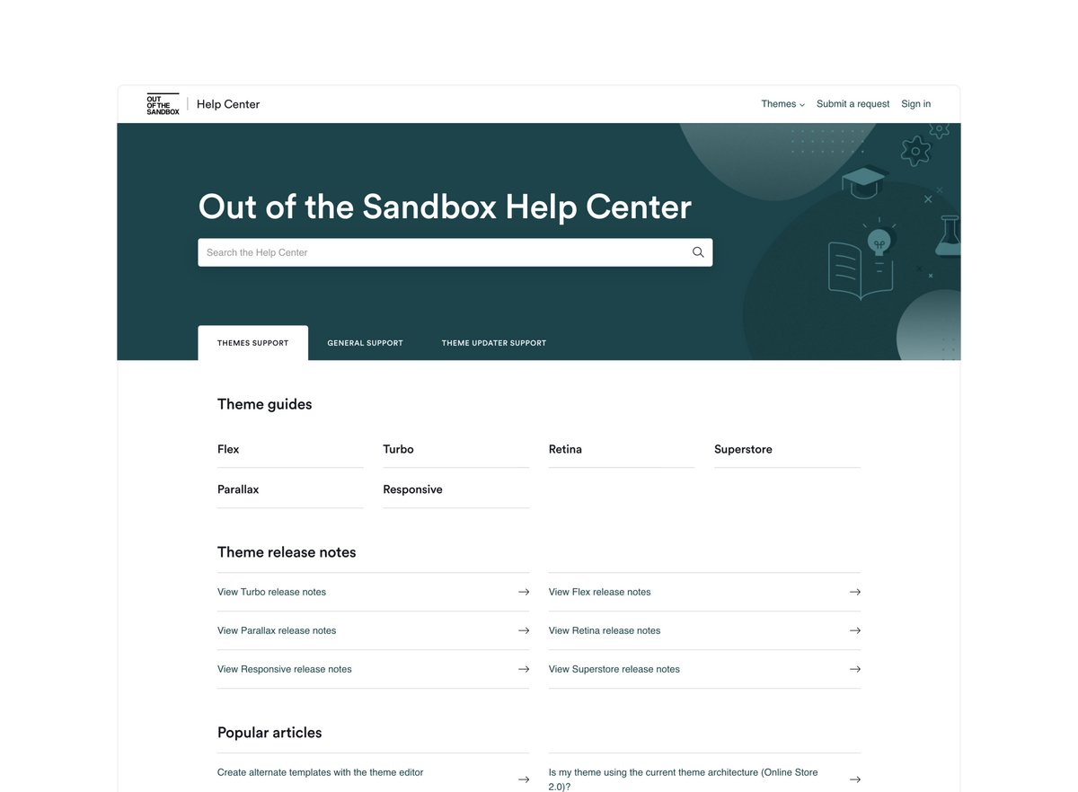 out of the sandbox help center home page with search field and theme guides