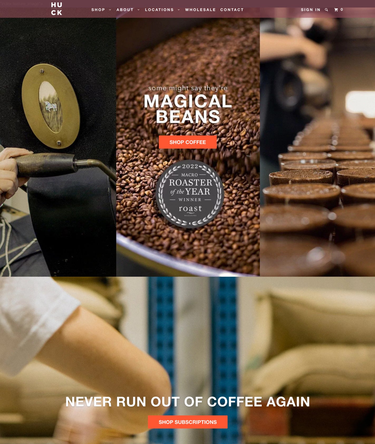 parallax shopify theme used by huck coffee shop