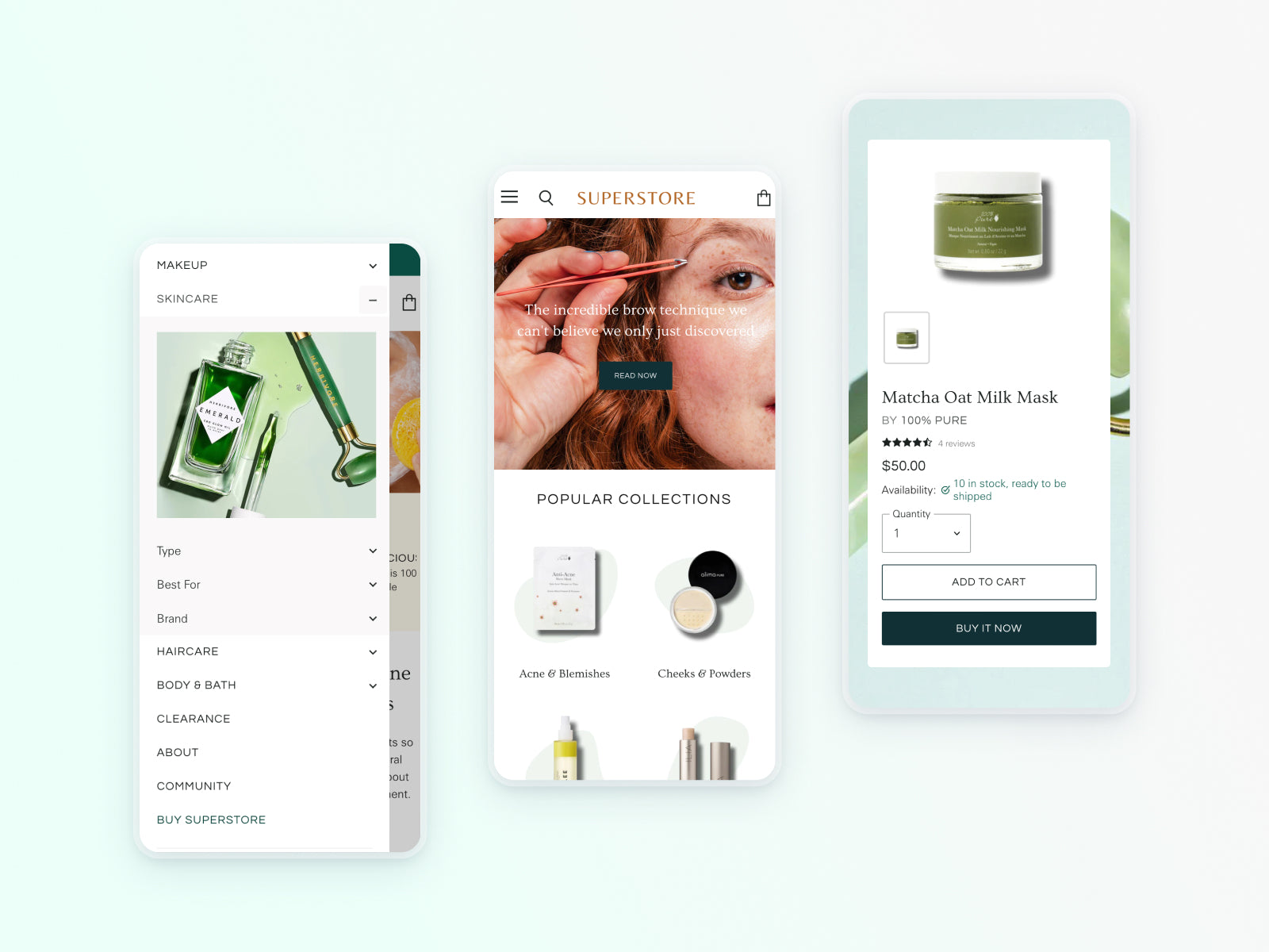 3 mobile screenshots of Superstore Shopify theme by Out of the Sandbox.