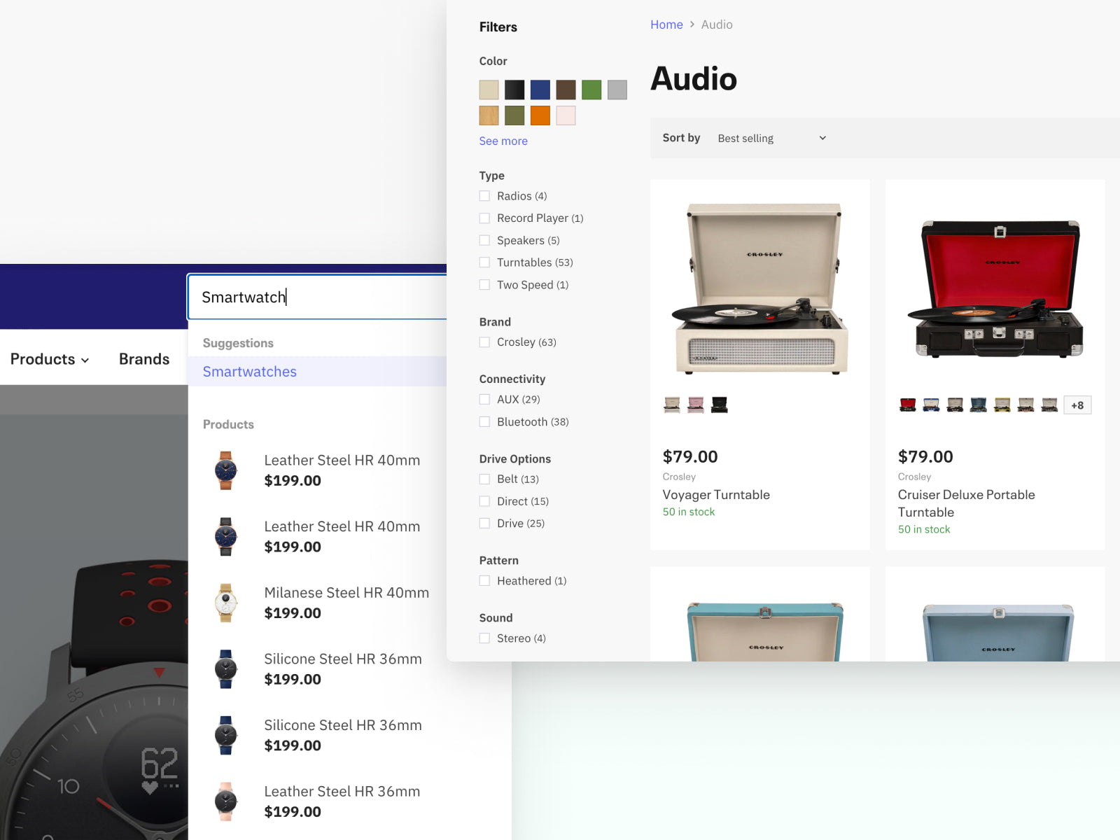 2 screenshots of Superstore Shopify theme by Out of the Sandbox. Left: Header search bar live search of smartwatches. Right: Collection page filters sidebar of color swatches, "Type", "Brand", "Connectivity", and 4 product cards showcasing turntables.