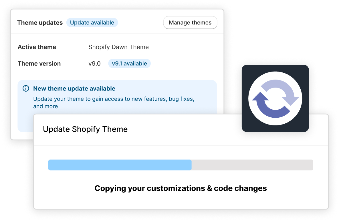 Background screenshot of Out of the Sandbox's app homepage, Theme Updater Plus, showing theme update available and backups feature, Vault backups, active. In front, screenshot of a loading bar updating and copying over customizations of a Shopify theme. Theme Updater Plus logo, two arrows in a circle point at each other, overtop both screenshots.