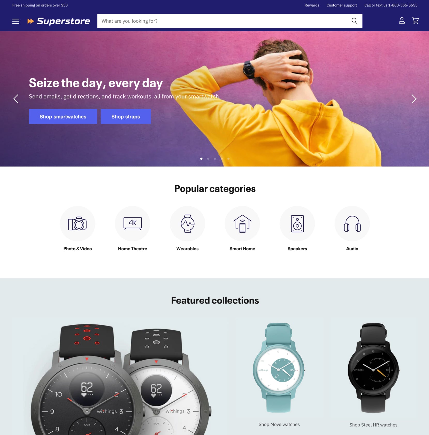 Screenshot of Superstore Shopify theme by Out of the Sandbox. Screenshot shows an online electronics store with a man resting his hand on the back of his head, showing his watch. Screenshot shows "Popular categories" navigation and watch collections with large watch images.