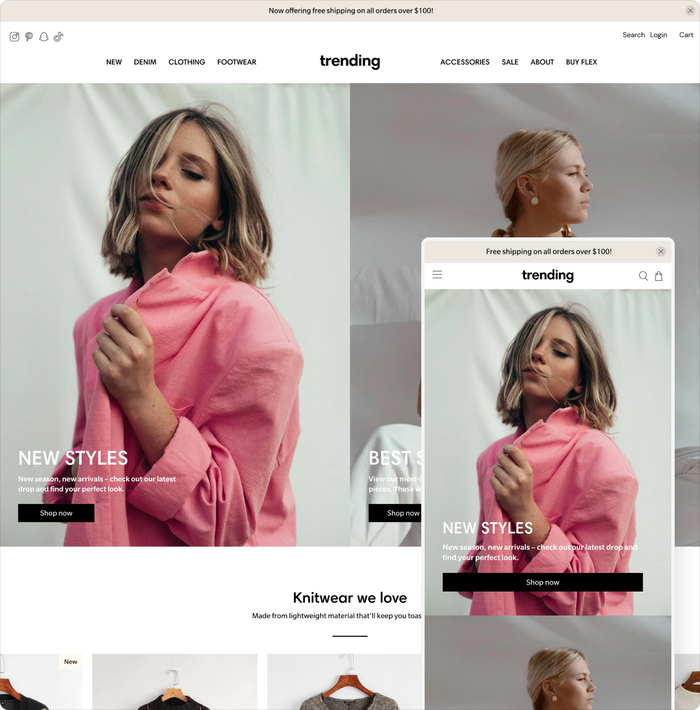 flex shopify theme trending theme style home page shown desktop and mobile devices
