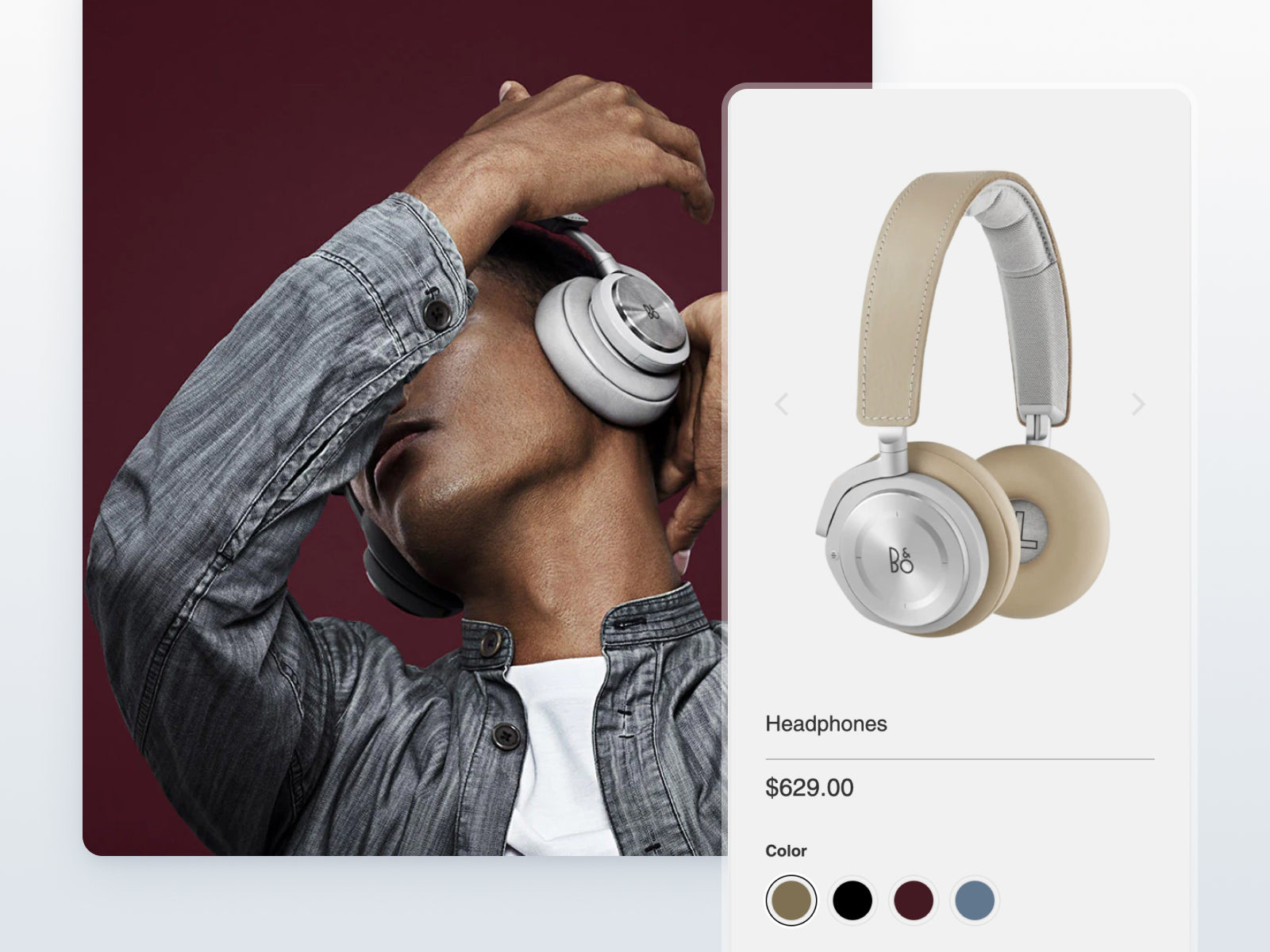 Screenshot of Turbo Shopify theme by Out of the Sandbox. Screenshot shows online store product page showcasing wireless, over-ear headphones, and 4 colour swatches. Behind the screenshot is an image of a person wearing wireless, over-ear headphones with their hand in front of their face in front of a maroon background.