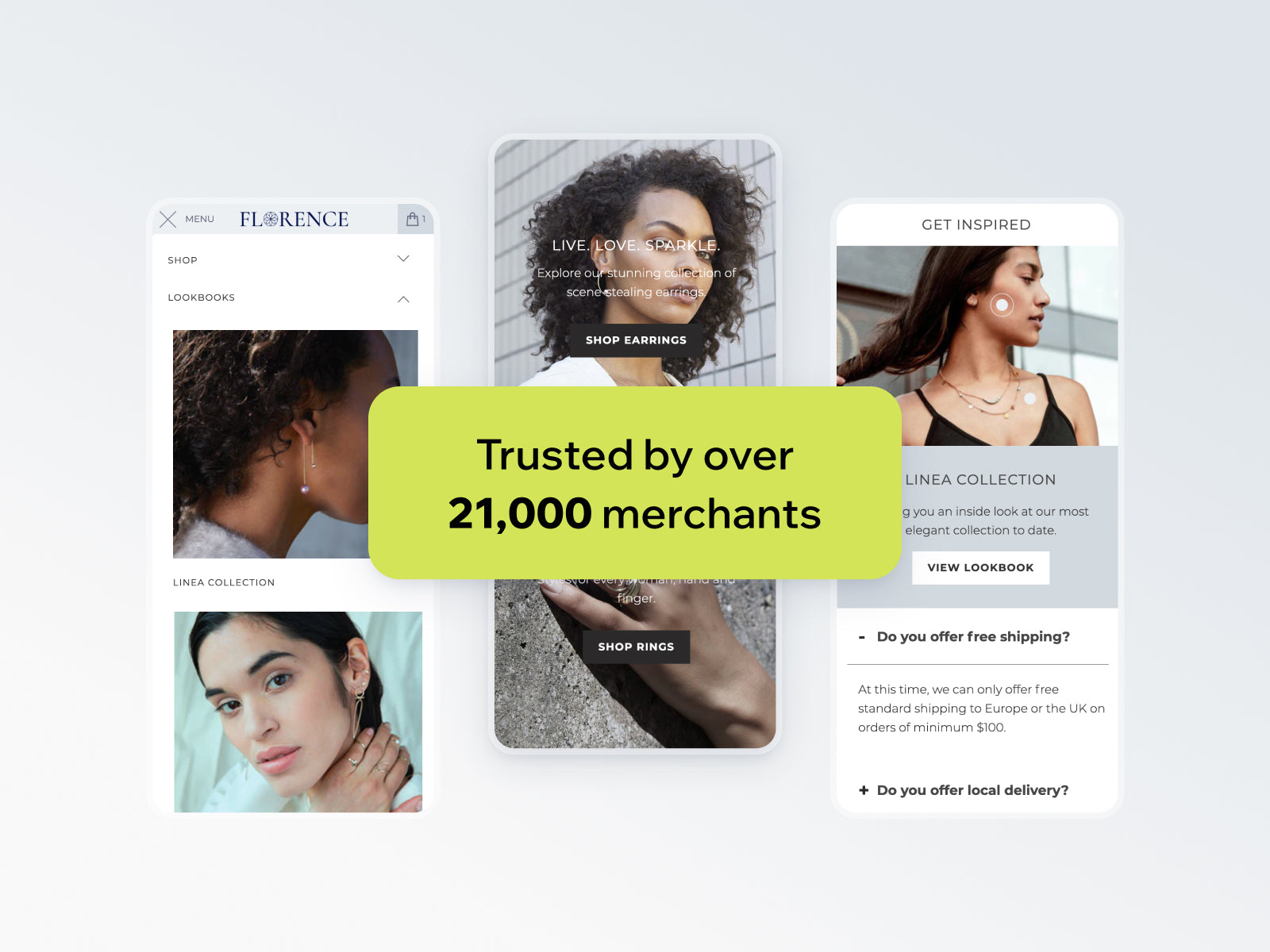 Screenshots of Turbo Shopify theme by Out of the Sandbox. Screenshot shows 3 mobile screenshots of a jewellery shop. Left: 2 in-menu images of a women wearing earrings. Center: Homepage images of woman wearing earrings and hand wearing ring. Right: Image of woman wearing necklace with shoppable hotspots and frequently asked questions about shipping.