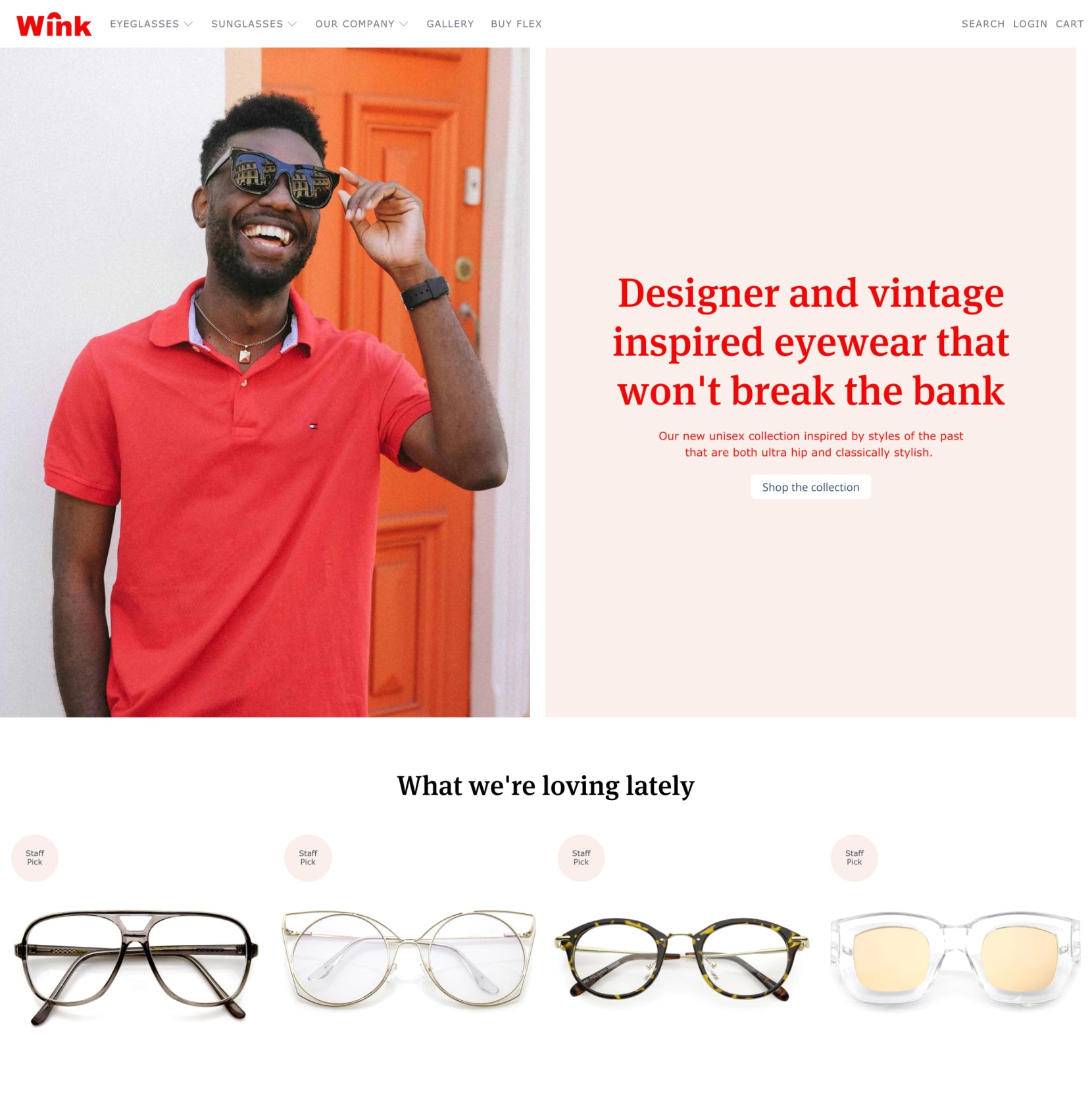Screenshot of Flex Shopify theme by Out of the Sandbox. Screenshot shows an online glasses store with a man smiling wearing sunglasses and 4 glasses frames products.