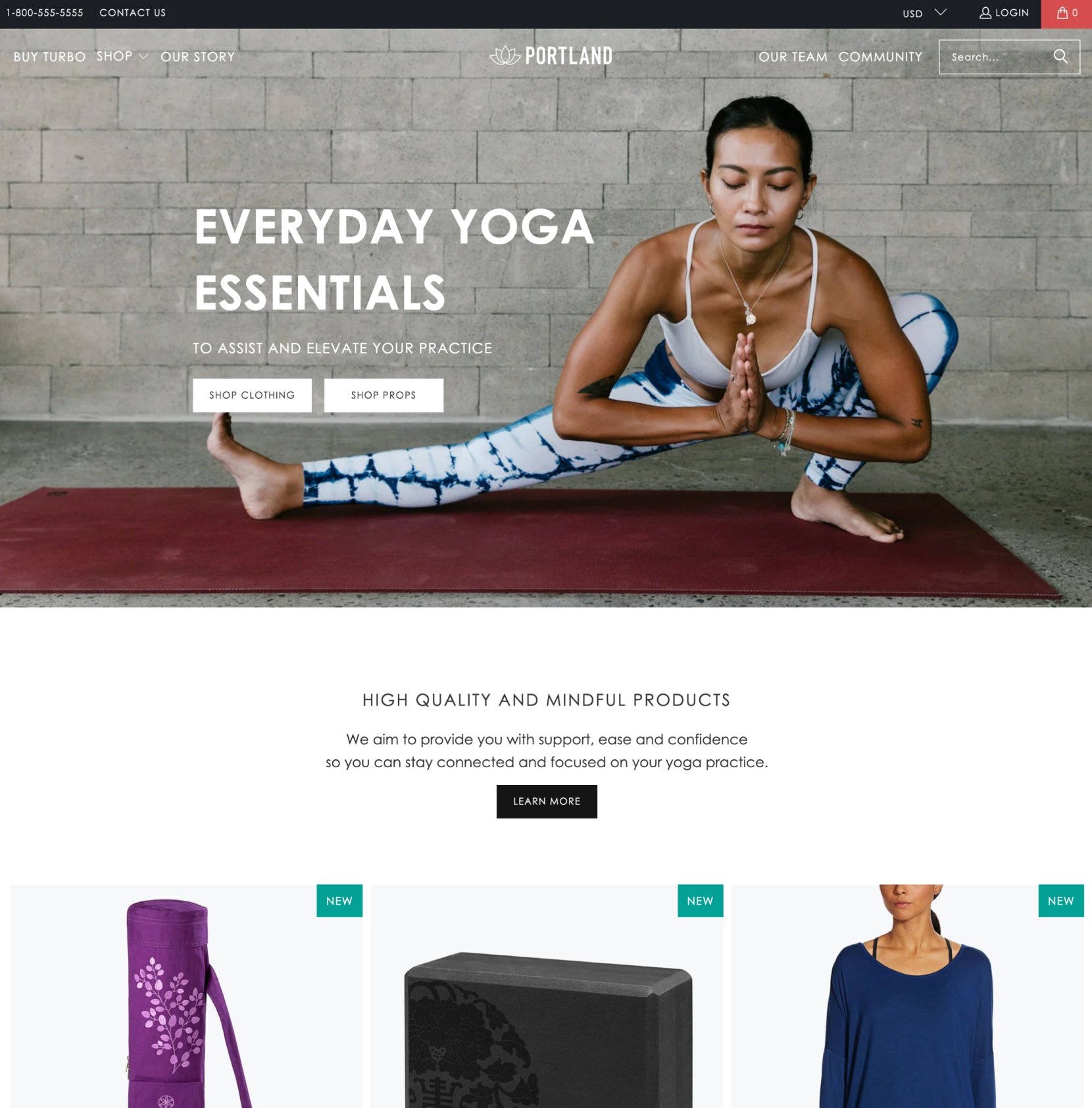 Screenshot of Turbo Shopify theme by Out of the Sandbox. Screenshot shows an online yoga apparel store with a woman stretching on a yoga mat and 3 products available: a yoga mat, yoga block, and yoga shirt.